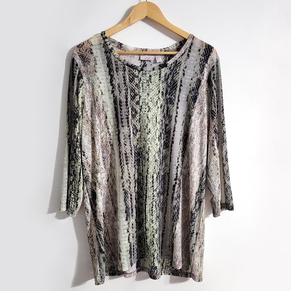 LOGO Lori Goldstein Layers Womens 3/4 Sleeve Nylon Knit Top Size XL Snake Print